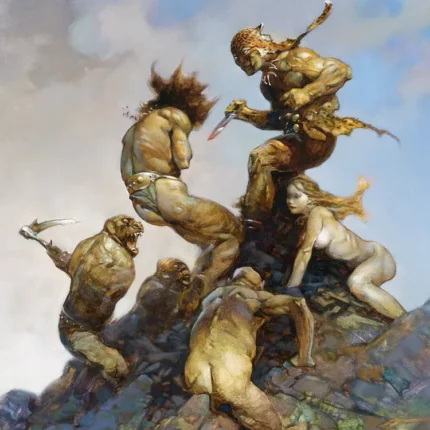 Fighters and hulking brutes with clubs and axes clashing on a rocky peak under a cloudy blue sky