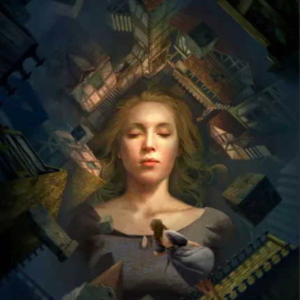 Woman with closed eyes surrounded by tilted medieval city buildings in a dark blue dreamlike scene