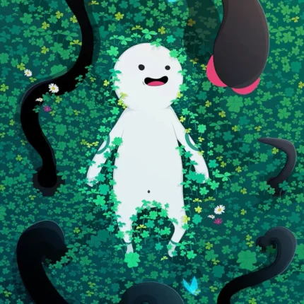 Small smiling white spirit lying on green clover leaves among black tendrils and blue butterflies