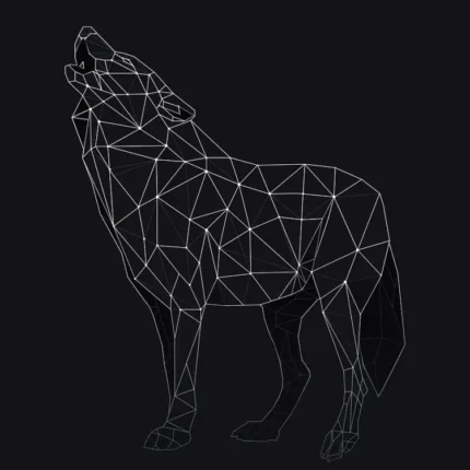Howling wolf drawn in thin white geometric lines on a black background