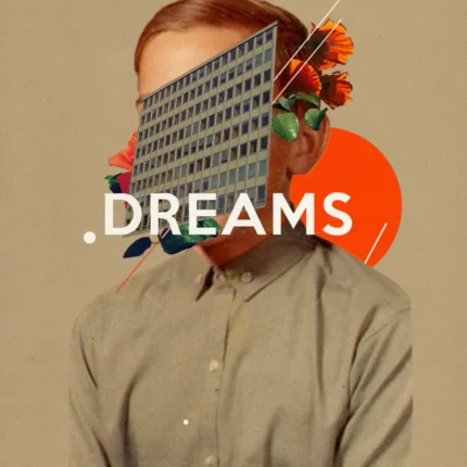 Person in an olive shirt with a building instead of a face and the word DREAMS on beige background