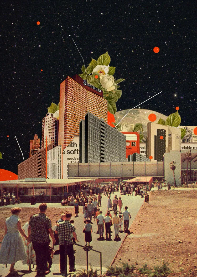 Retro Collage City Street Under Starry Space Sky Poster Vintage collage of a crowded city plaza with a white flower and orange planets