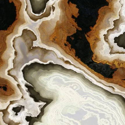 Abstract agate stone pattern with layered bands of cream, amber and gold and black patches
