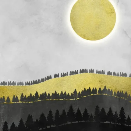 Large golden sun over layered hills with a golden meadow and black pine tree silhouettes