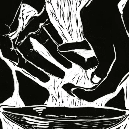 Black and white linocut drawing of hands holding an object above a shallow bowl