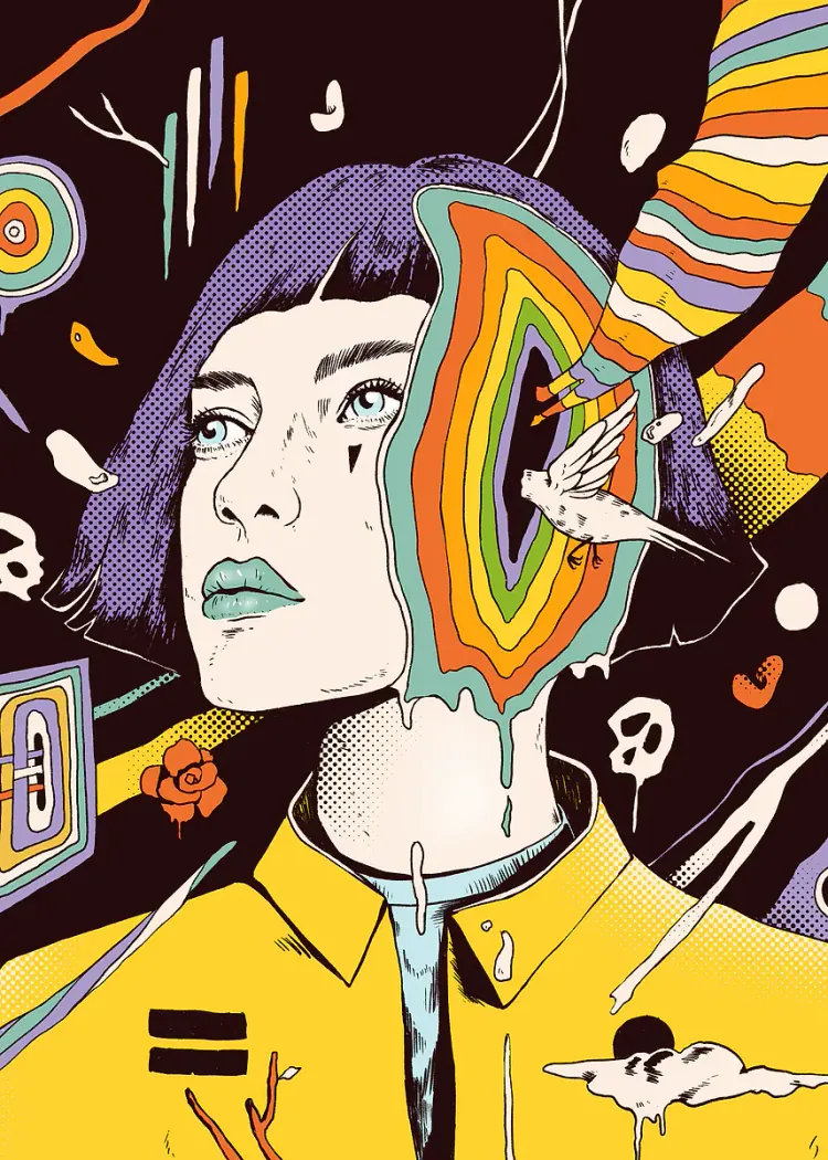 Pop Art Portrait with Rainbow Lines on Purple Hair Poster Pop art portrait of a purple-haired woman with rainbow stripes flowing from her head