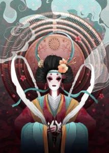 LumiPoster — Japanese mask and circular motifs