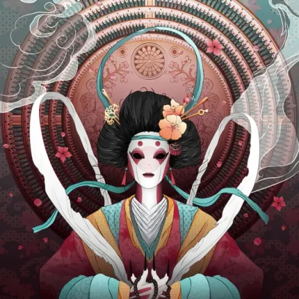 Japanese geisha-style figure in a kimono in front of concentric circles and swirling smoke