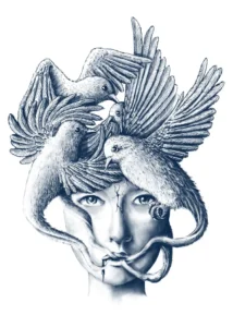 LumiPoster — A face between a bird's wings