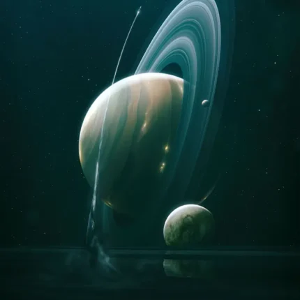 Ringed planet and small moon above a dark reflective horizon in space