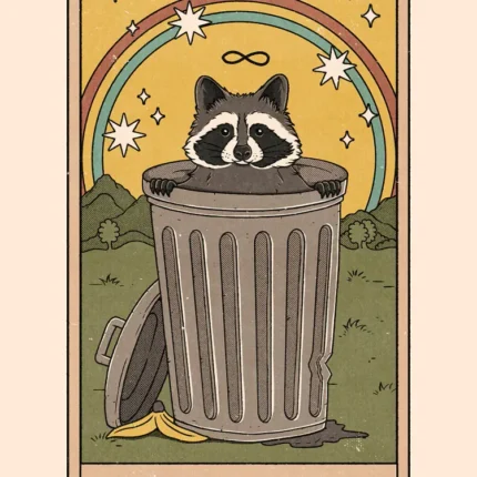 Tarot card with a raccoon in a trash can under a rainbow, labeled King of Trash