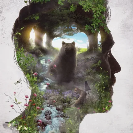 Head profile silhouette filled with a green forest, stream and a standing bear