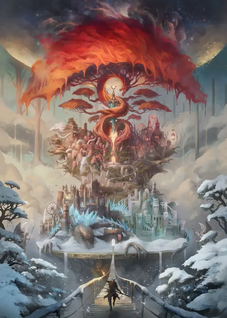 lumi-boards-art-eb97e1faa3707da9-1.webp LumiPoster — Fiery tree over a snowy city - Image 1