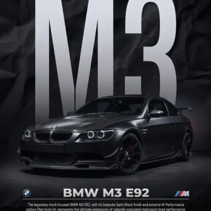 Black BMW M3 E92 coupe in front of large M3 lettering with specs table