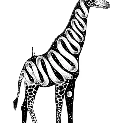 Black and white giraffe illustration with spiral stripes filled with stars