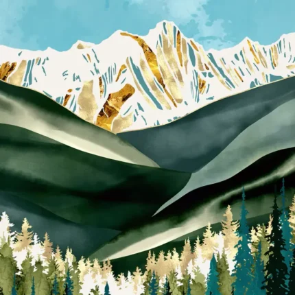 Snow-capped golden mountain peaks above layered green hills and teal pine trees under a cloudy blue sky