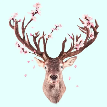Deer with antlers covered in pink cherry blossoms on a pale mint background