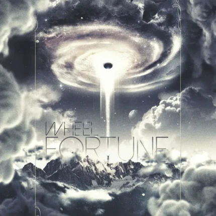 Wheel of Fortune tarot poster with a spiral galaxy vortex above clouds and mountains