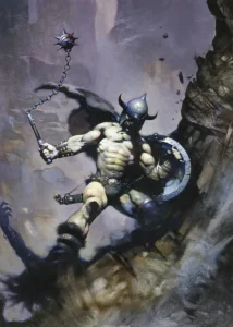 LumiPoster — Horned-helmet warrior with a spiked flail