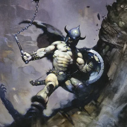 Horned helmet warrior with shield swinging a spiked mace on a rocky cliff