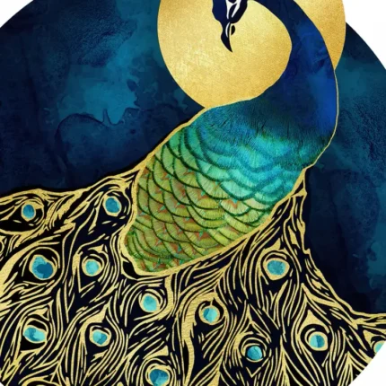Blue and green peacock with gold patterned tail feathers in front of a golden moon