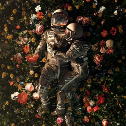 Two astronauts in white suits lying together in a field of colorful flowers