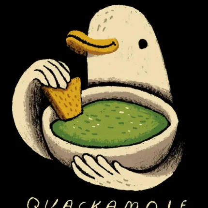 Duck dipping a chip into a bowl of guacamole with the text 'Quackamole'