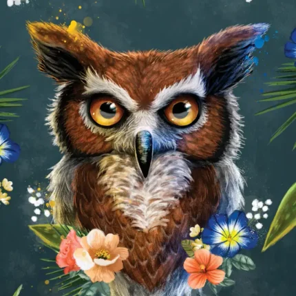 Owl with amber eyes surrounded by blue, peach and white flowers on a dark teal background
