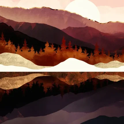 Stylized burgundy mountains and pale sun with orange trees reflected in a calm lake