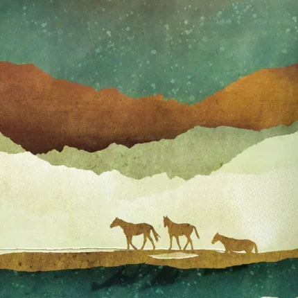 Three horses crossing a plain below layered hills and a starry teal sky