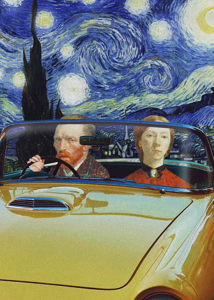 Starry Night Road Trip Yellow Convertible Art Poster Two painted figures in a yellow convertible under a swirling starry sky