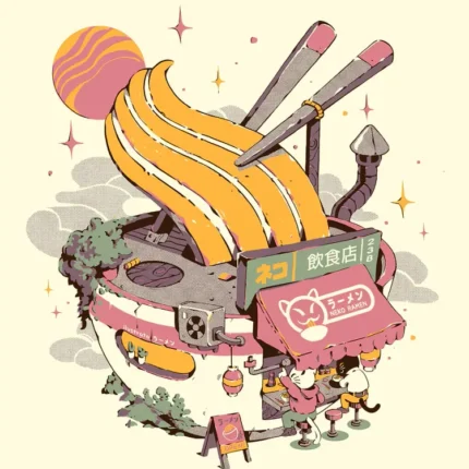 Ramen bowl island with swirling noodles, chopsticks, orange sun and a small shop with pink awning