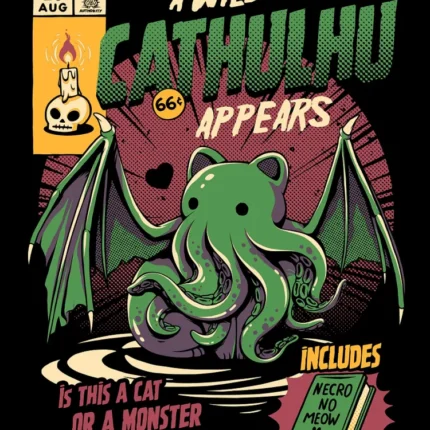 Retro poster of a green tentacled cat-monster with bat wings titled A Wild Cathulhu Appears