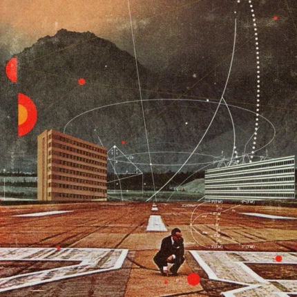 Collage of a man crouching in a city square with white orbit lines and red circles in the sky