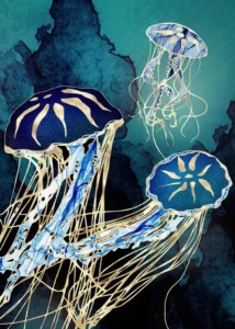 LumiPoster — Blue jellyfish and gold threads
