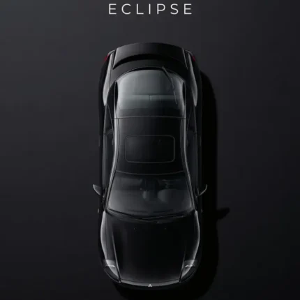 Top view of a black Mitsubishi Eclipse coupe on a dark charcoal poster background