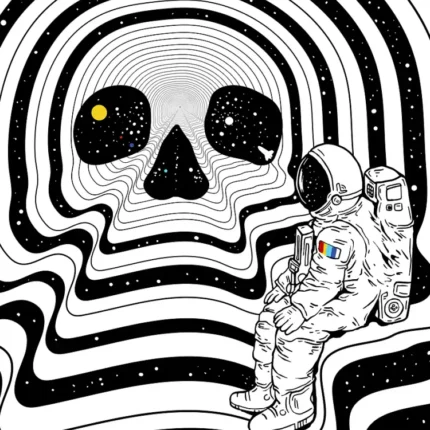 Astronaut sitting on black and white ripples facing a giant skull with starry eyes