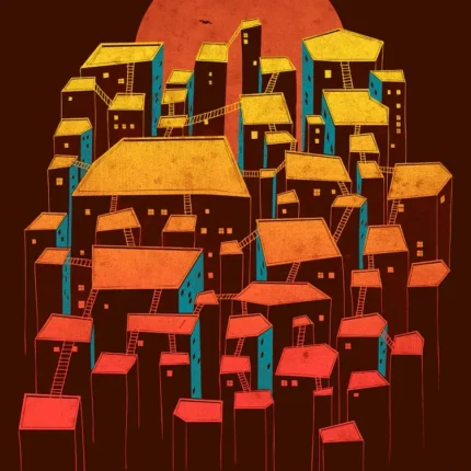 Stacked orange, yellow and red houses with ladders under a large red sun on maroon