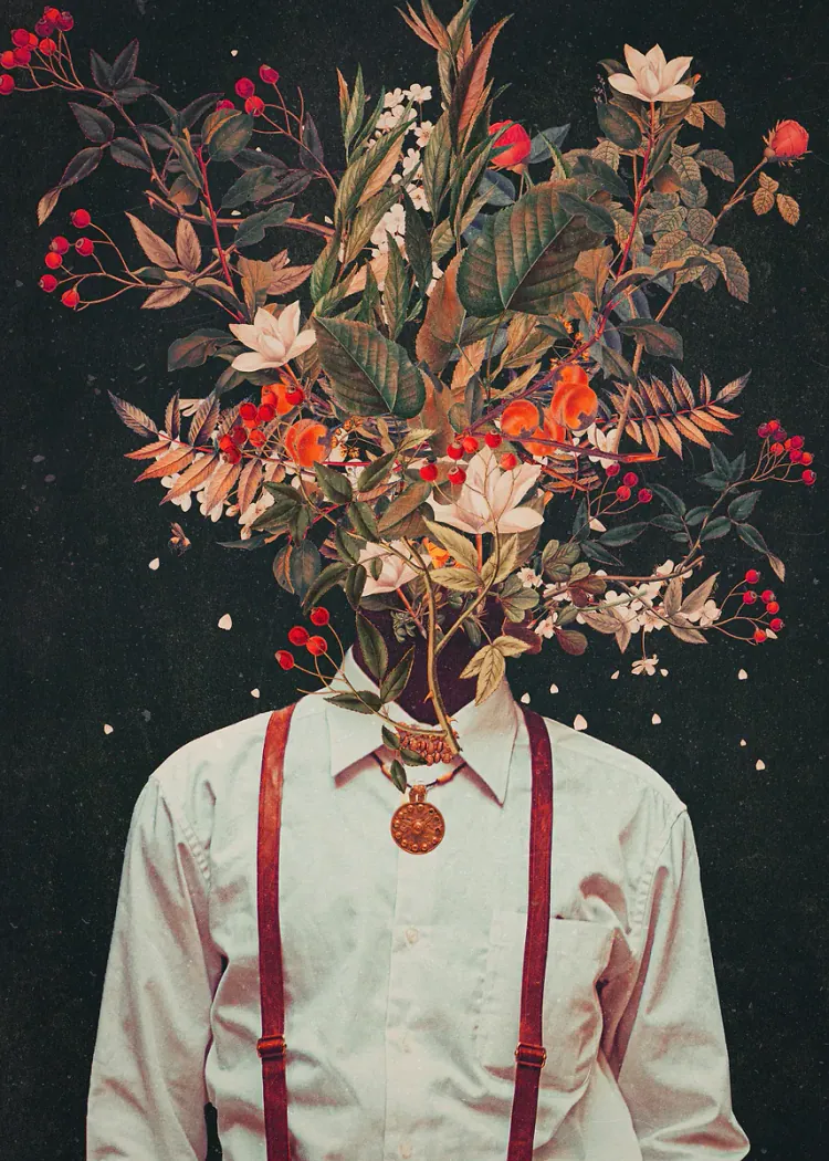 Man in Suspenders with Flower Bouquet Head Surreal Art Poster Man in a white shirt and red suspenders with a bouquet of flowers instead of a head