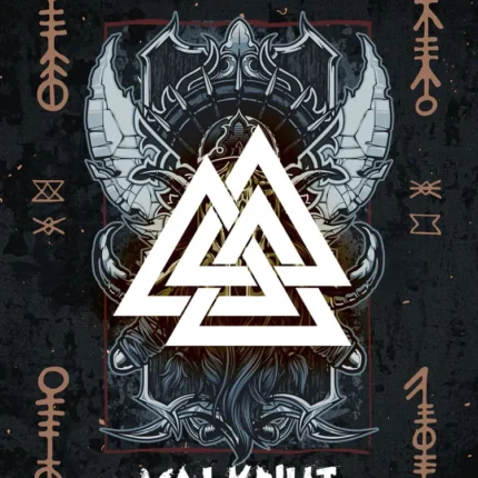 White Valknut knot symbol over dark Norse design with runes