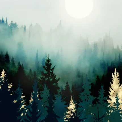 Pale sun over a misty teal pine forest with golden trees