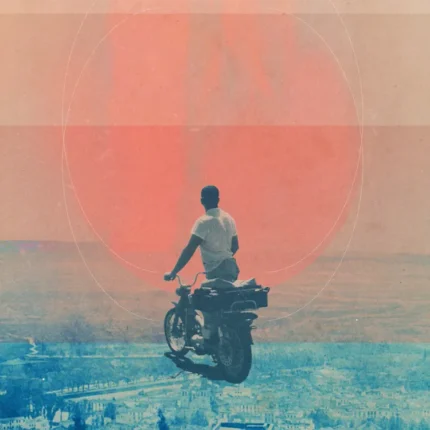 Man riding a motorbike above a blue city with a large red sun behind
