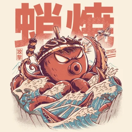 Angry red octopus with a headband in great waves under large red Japanese lettering