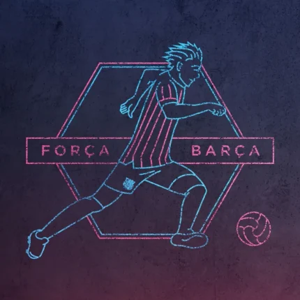 Neon line art footballer kicking a ball in a hexagon with the text Forca Barca