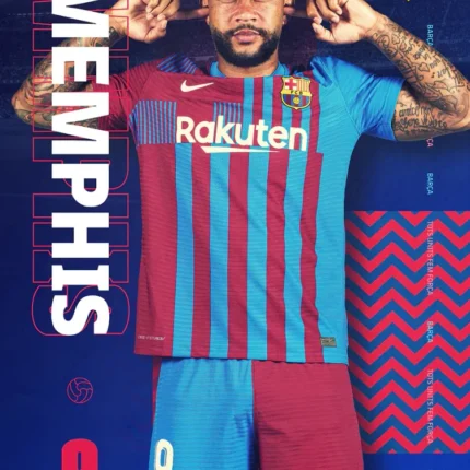 Memphis Depay pointing to his ears in the number 9 Barcelona kit beside his name on a blue poster