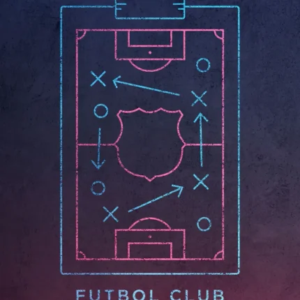 Neon football tactics clipboard with pitch, arrows and the text Futbol Club Barcelona