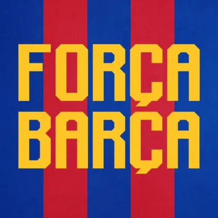 Yellow text Forca Barca over blue and red vertical stripes