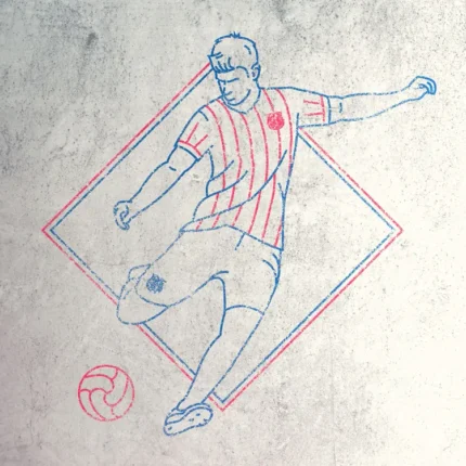 Sketch of a footballer in a striped shirt kicking a ball inside a diamond outline