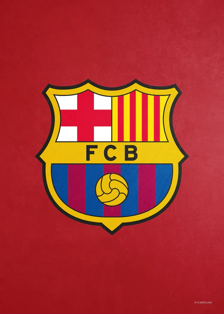 FCB Crest on Red Background Football Fan Poster FCB football club crest with stripes and a ball on a solid red background