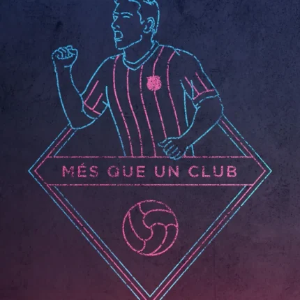 Line art football player with raised fist above the text Mes Que Un Club